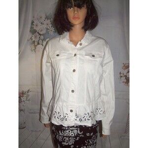 Susan Graver Peplum Denim Jacket with Eyelet Hem White S Embroidered